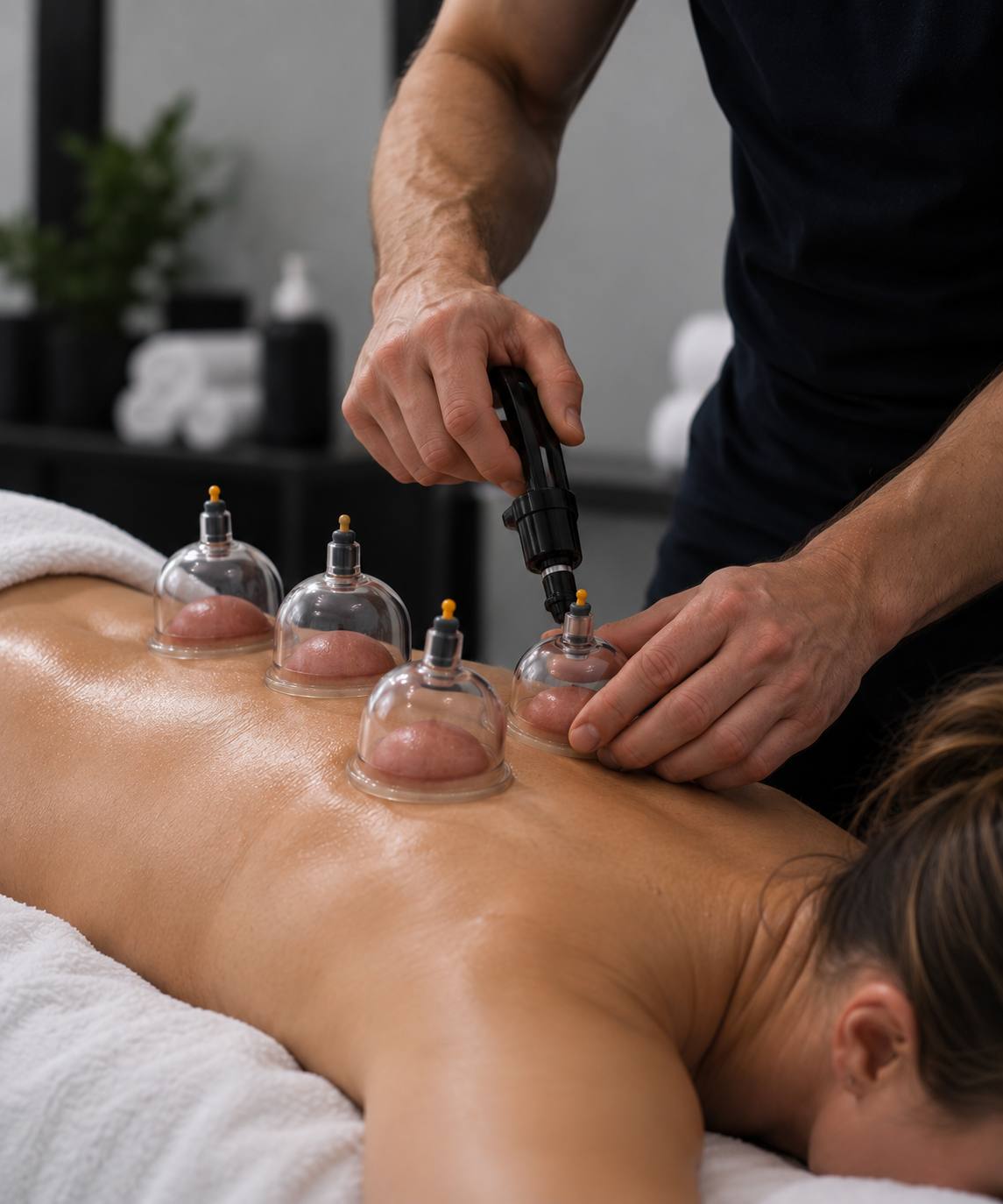 Cupping therapy using suction cups on a client's back in Sydney